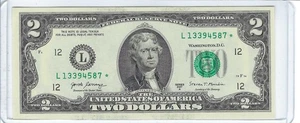 Billete de dos dólares raro sin circular BILLETE ESTRELLA 640K TIRADA BAJA L13394587* - Imagen 1 de 3