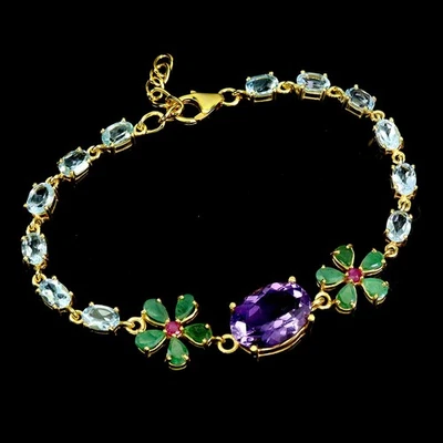 925 Sterling Silver Bracelet Oval Amethyst Aquamarine Emerald Ruby Gemstone 7.5 - Image 1 of 4