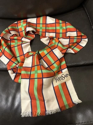 "Bufanda de seda vintage YVESSAIN naranja verde blanco a cuadros a rayas 100 % seda talla 16x66""" Foto 1 de 4