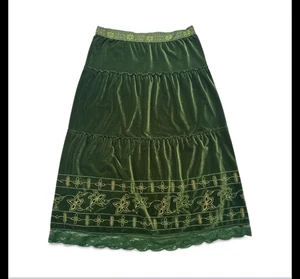Vtg Y2K Rave  Maxi Skirt Size XL Velvet Festival Boho Fairycore  Green Embroider - Picture 1 of 7