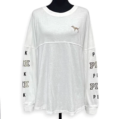 PINK Victoria’s Secret Sequin Bling Dog Logo Long Sleeve Campus T-Shirt Size M - Image 1 of 4