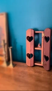 Vtg Rustic Wood Country Wall Hanging Shelf With 2 Pegs Heart Cutout Doors - Picture 1 of 8