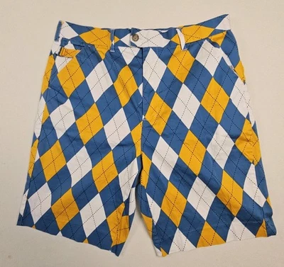 Royal & Awesome 男式高尔夫短裤 36 Argyle 蓝色橙色休闲  — 第 1/4 张图片