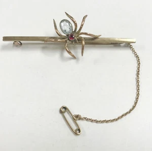 e809 Vintage Unique 9K Yellow Gold Spider Red Blue Stone Pin Brooch - Picture 1 of 5