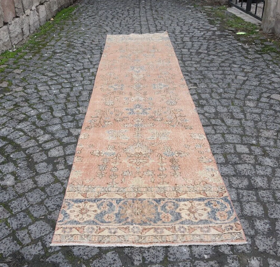 Vintage Floral Runner Rug , 2.6x10.5 Feet Pale orange,blue color , Hallway Rug - Image 1 of 4