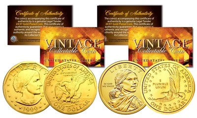 Susan B. Anthony & Sacagawea 24K Gold Plated US Dollar Historical Women Coin Set - Image 1 of 3