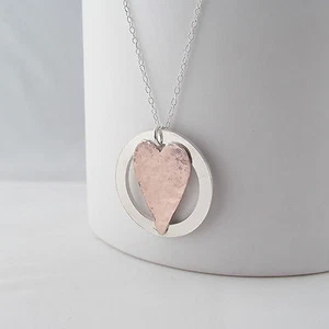Stunning Handmade Two Tone Sterling Silver Ring & Copper Heart Layered Pendant - Picture 1 of 9