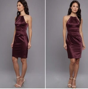 ELIZA J Plisado Satén Halter Cuello Totalmente Forrado Midi Vestido EUC Talla 4 Vino - Imagen 1 de 11