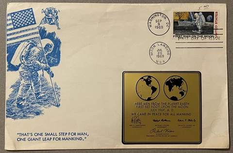 1969 WASHINGTON DC MOON LANDING BRONZE PLATE FDC COVER FLAG PLANTING CACHET Cover