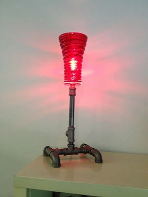 Red Blooming Flower FTD Glass Vase Black Pipe Table Lamp Steampunk - Image 1 of 4