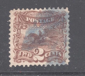 US STAMP #113  --- 2c HORSE & RIDER - F-VF - BLUE CANCEL - GRADED 75 - Picture 1 of 3