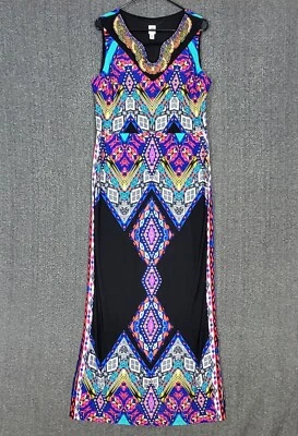 Maxi Vestido Sangría Mujer 16 Negro Multicolor Geométrico Sin Mangas Cuentas Cuello en V Foto 1 de 4