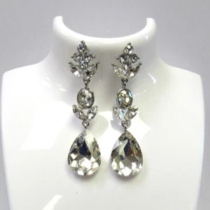 Long Chandelier Silver Clear Rhinestone Crystal Dangle Earrings #1136 - Picture 1 of 3