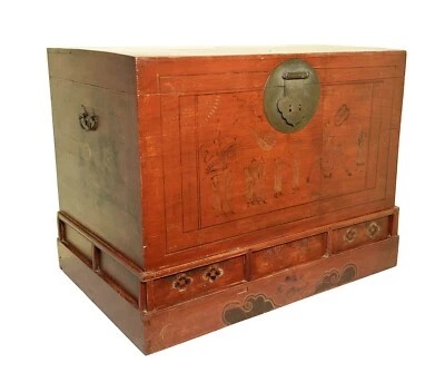  Antiguo baúl chino pintado a mano de laca roja (3418), circa 1800-1849 Foto 1 de 4