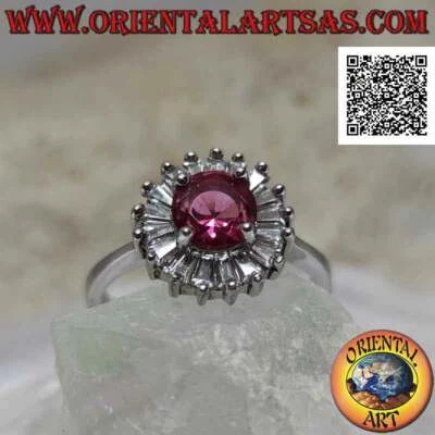 Anello in Argento 925‰ rubino di sintesi tondo con zirconi bianchi a baguette - Immagine 1 di 4
