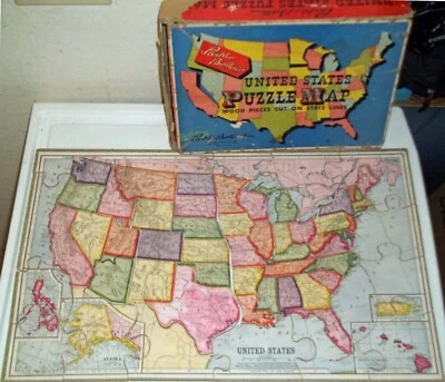 PARKER BROTHERS VINTAGE 1915 MADERA ESTADOS UNIDOS PUZZLE MAPA COMPLETO EN CAJA Foto 1 de 2