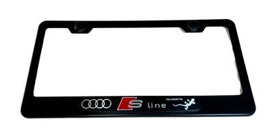 3D Audi Quattro SLine Emblem Stainless Steel Black License Plate Frame W/ Caps - Image 1 of 4