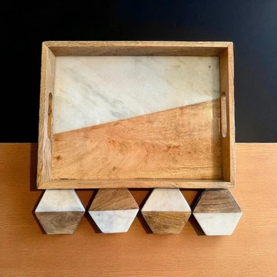 Wood & Marble Serving Tray w Coasters-Geometric-Hexagon-Modern Rustic Kitchen - Image 1 of 4