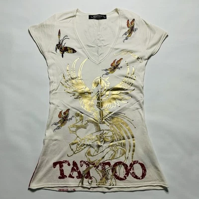 Ed Hardy Christian Audigier Tattoo Art White Mini Dress Size L Rhinestones Y2K - image 1 of 4