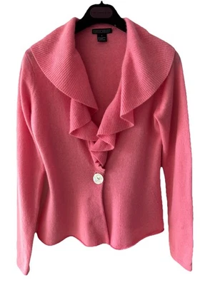 Lauren Hansen-1 Button Pink Cashmere Cardigan Sweater-Ruffle Lapel-Small - Image 1 of 4