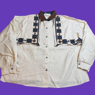 Camisa Roper Vintage Para Mujer XL Perla Estampado Azteca Vaquero Tribal Occidental Foto 1 de 4
