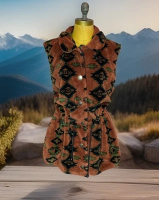Vtg Black Diamond Vest Sherpa Fleece Southwestern Aztec Print Button Soft Size L - Image 1 of 4