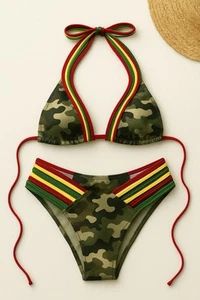 Women’s 2-Piece Swimsuit Rasta Camo Bikini Set with Halter Top Size XL - Picture 1 of 2