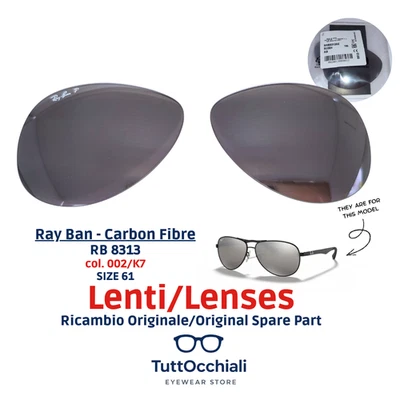 Lenti Ricambio ORIGINALI Ray Ban Carbon Fibre RB 8313 002/K7 Mirror Gray size 61 - Immagine 1 di 4
