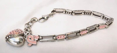 Pulsera Brighton Power of Pink Ribbon Plata y Cristal Rosa Corazón Dije Foto 1 de 4