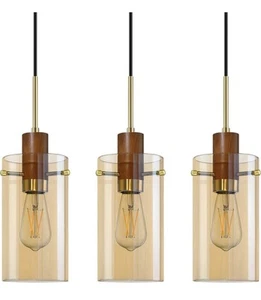 Doraimi Lighting 3Pack Modern Farmhouse Wood Amber Glass Shade Pendant - Picture 1 of 8
