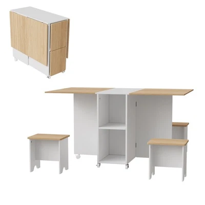 Rolling Drop Leaf Dining Table Folding Kitchen Table with Open Shelves & Stools - Image 1 of 4