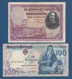 50 Pesetas 1928. Spain banknotes + 100 Escudos 1981. Portugal banknotes ! - Picture 1 of 2