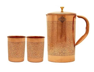 New Embossed Design Copper Jug (1500 ML) with 2 Glass (300 ML) With Gift Set Box - Picture 1 of 1