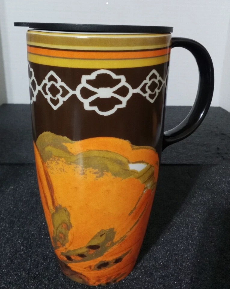 Taza de viaje de cerámica de ciprés firmada Camil 12 oz naranja, verde, marrón, flor blanca Foto 1 de 4