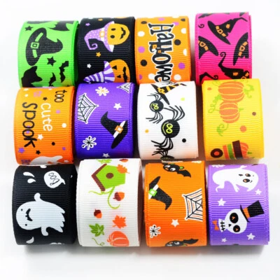 12x Printed Halloween Grosgrain Ribbons for Clothing Decoration 25mm 1 Yard - Image 1 of 4