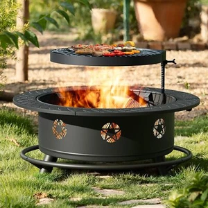35 Inch Round Metal Fire Pit Table with Cooking Grate BBQ Grill Wood Burning - Picture 1 of 7