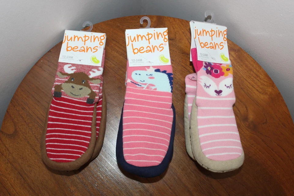 JUMPING BEANS BABY SLIPPER SOCKS STRIPED DINOSAUR MOOSE PINK RED SIZ 12-24M - Image 1 of 1