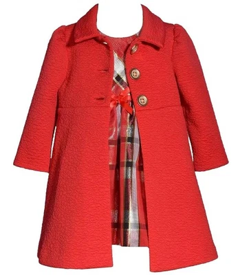 NUEVO Conjunto de Vestido Abrigo Jacquard Bonnie Jean Niñas Talla 3T "ROJO Y DORADO A CUADROS" NUEVO CON ETIQUETAS Foto 1 de 3
