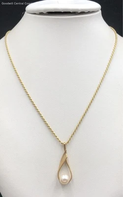14K Gold Rope Chan Claw Clasp Necklace Teardrop Pendant W/ Pearl - Image 1 of 4