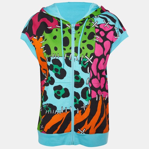 Felpa con cappuccio senza maniche Moschino economica e chic stampata multicolore in cotone lavorata a maglia L