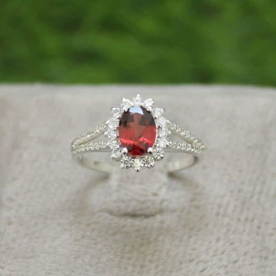 Anillo de compromiso ovalado granate creado en laboratorio sólido de plata de ley 925 anillo llamativo Foto 1 de 4