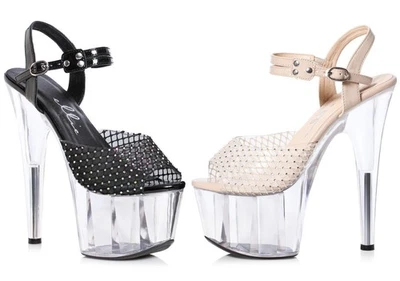 7" Nude Fishnet Mesh Clear Rhinestones Platform Stripper Pole Dancer High Heels - Image 1 of 2
