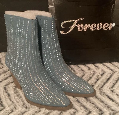 Forever Blue Denim Rhinestone Ankle Boots Size 8 Foto 1 de 4