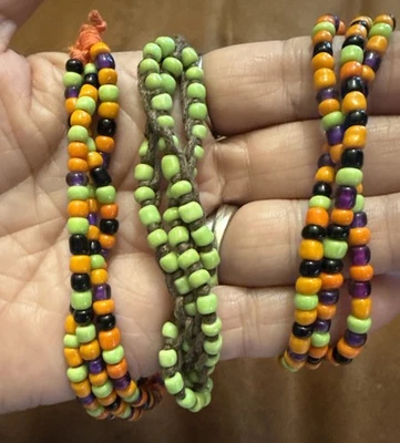 Halloween Fall Orange Black Green & Purple Seed Bead Hemp Bracelet Set of 3 - Image 1 of 4