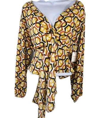 Blusa Forever 21 contemporánea nueva con etiquetas para mujer XS amarilla geométrica cuello en V y espalda Foto 1 de 4