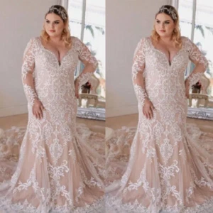 Champagne Plus Size Wedding Dresses Mermaid Long Sleeve V Neck Boho Bridal Gowns - Picture 1 of 9