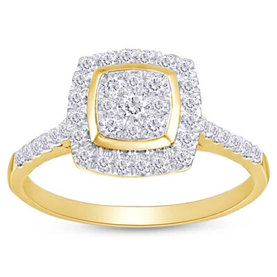 Anillo de compromiso de oro amarillo de 10 quilates con marco cojín de diamantes compuesto certificado de 1/2 quilate Foto 1 de 4