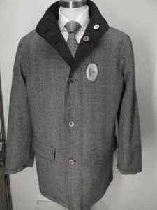 $2200 NWT ZANELLA black poly/gray herringbone wool reversible car coat sz M S48 - Picture 1 of 14