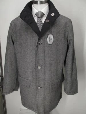 $2200 NUEVO CON ETIQUETAS ZANELLA abrigo de coche reversible de lana de espiga negro poli/gris talla M S48 Foto 1 de 4