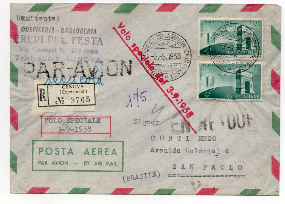 STORIA POSTALE 3/9/1958 VOLOSPECIALEL.175X2SURACC.VISITAPRESIDENTEDELLAREPD07646 - Immagine 1 di 1